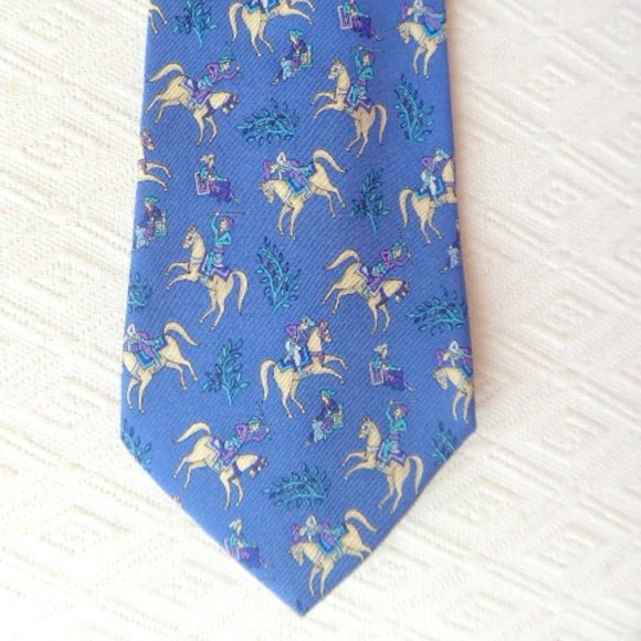 SALVATORE FERRAGAMO blue equestrian floral silk tie
